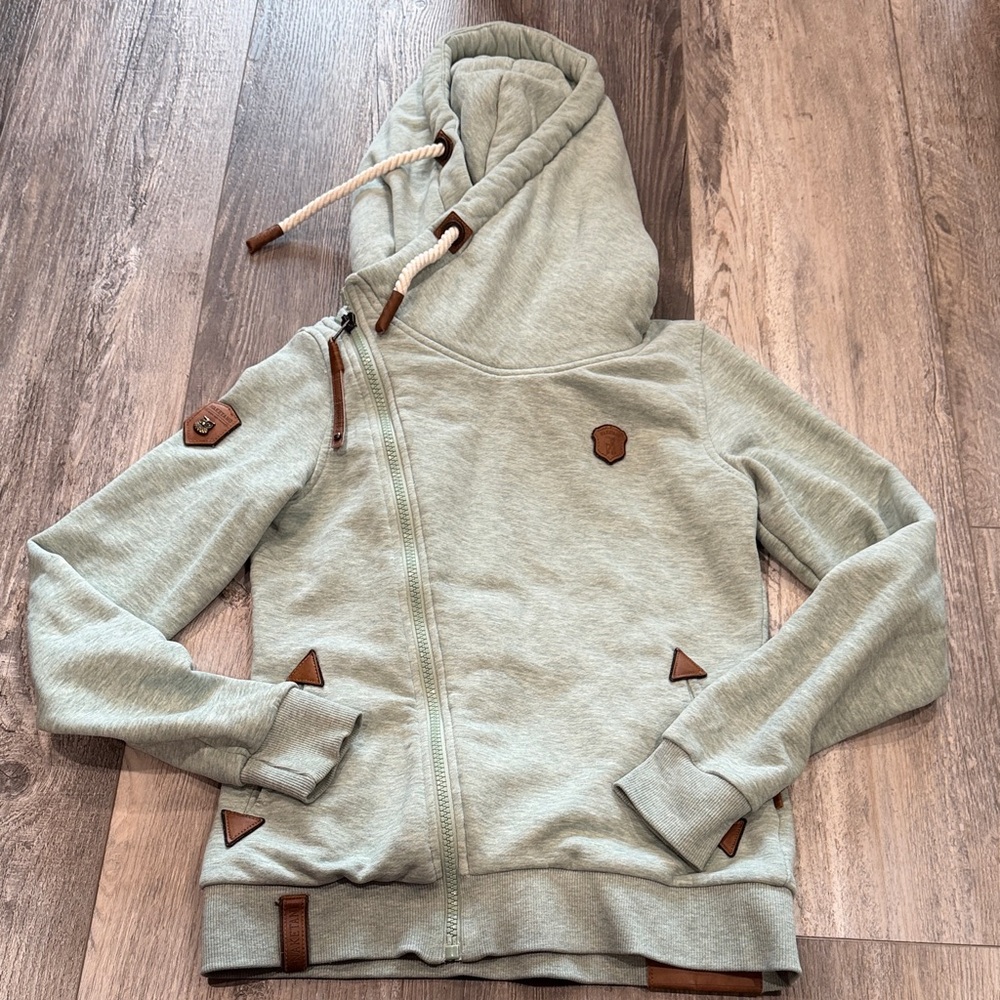 Naketano Light Sage Zip-Up Hoodie with Leather Trim
